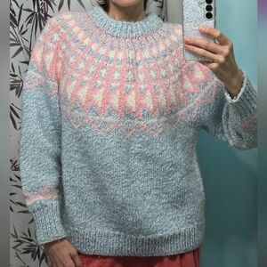 Vintage Fair Isle Hand Knit Heathered Blue and Pink Sweater Apres Ski L